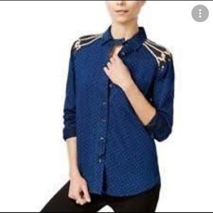 Free people button front knit back navy polka dot top‎